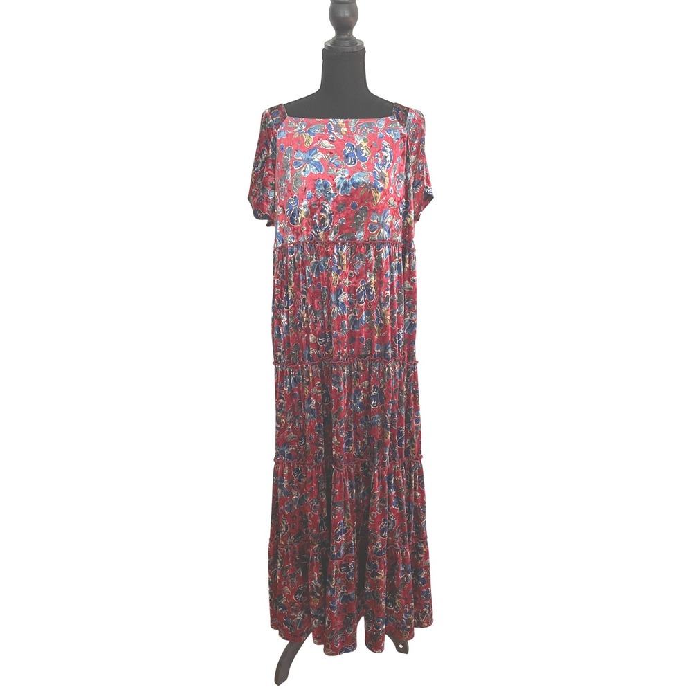 Natural Life Berkley Maxi Dress Womens L Red Blue Velvet Floral Tiered Boho Fall